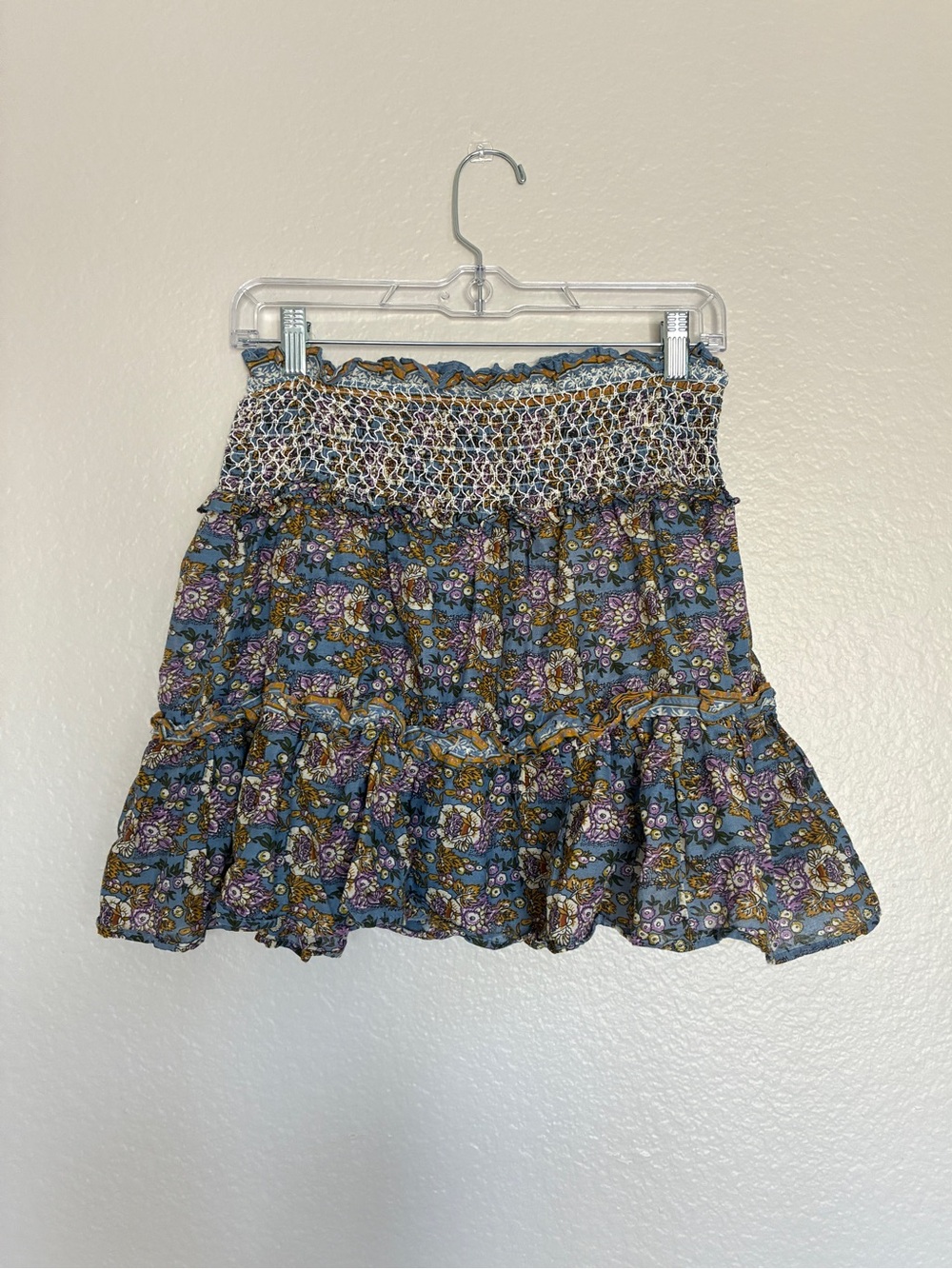 jenifer&grace 100%Cotton Smocked Floral Tiered Mini Skirt Blue/Yellow/Purple Y2K